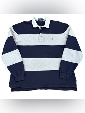 Vintage Y2K Polo Ralph Lauren Rugby Shirt Men’s L Navy Gray Stripe Long Sleeve